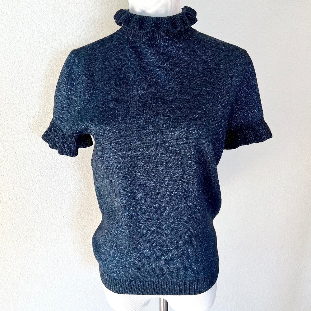 Shrimps Blue Glitter Turtleneck Ruffle Short Sleeve Sparkle Sweater Size Medium